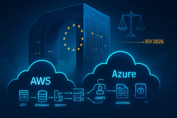 Cloud computing diagram showing AWS and Azure with API, database, identity, and licensing, plus EU flag and Nov 2026.