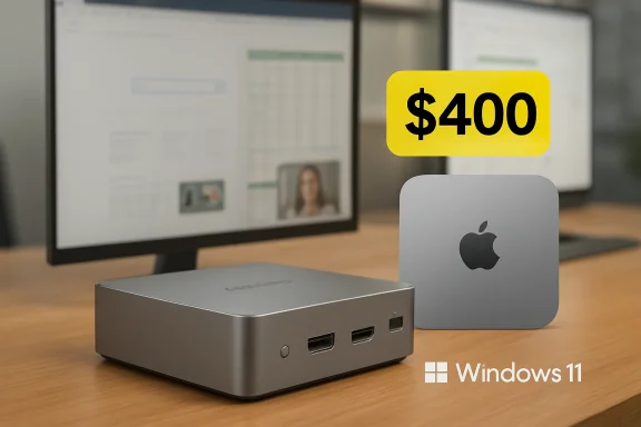 MacBook connected to a docking station on a desk with “$400” price tag and “Windows 11” text.