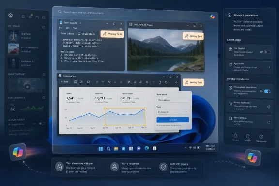 Windows 11 desktop shows apps analytics dashboard and Copilot privacy settings with charts and controls.