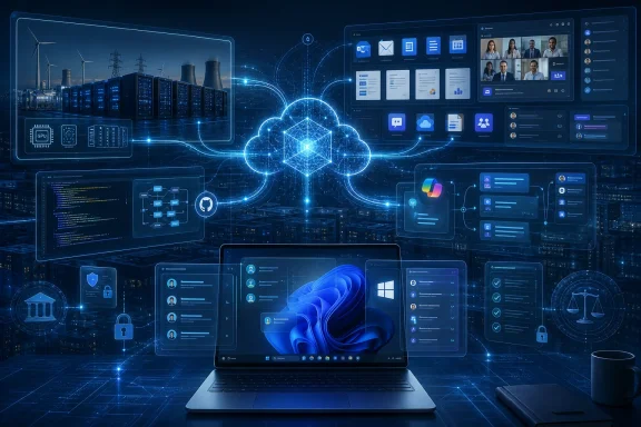 Futuristic cloud computing and cybersecurity dashboard overlaying a server cityscape at night.