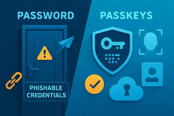 Illustration showing phishing “Password” vs “Passkeys” with shields, key icons, and credential warnings.