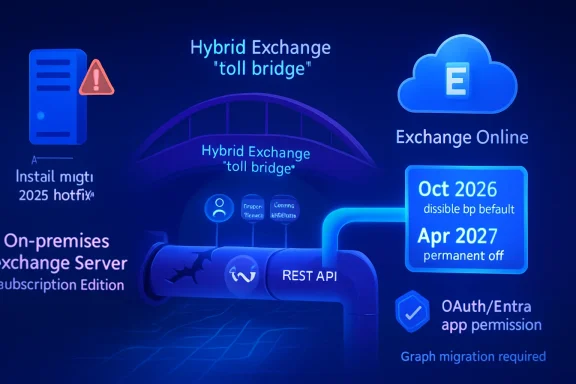 Diagram showing hybrid exchange “toll bridge” linking on-premises Exchange Server with Exchange Online via REST API and Azure.