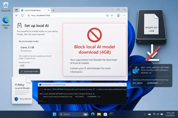 Screenshot shows a Windows local AI setup blocked by IT policy, preventing a model download (~4GB).