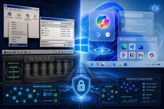 Futuristic Windows 11 desktop with file explorer, search UI, app icons, and cyber-security dashboards.