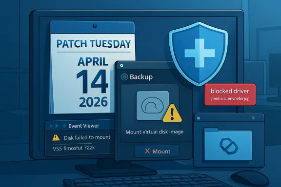 Illustration of Windows-like error screens showing Patch Tuesday April 14 2026, disk mount failure, and blocked driver.