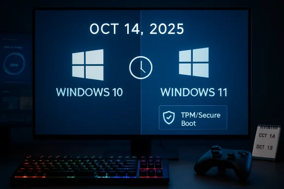 Monitor shows Windows 10 vs Windows 11 with “Oct 14, 2025” and TPM/Secure Boot info in a dark setup.