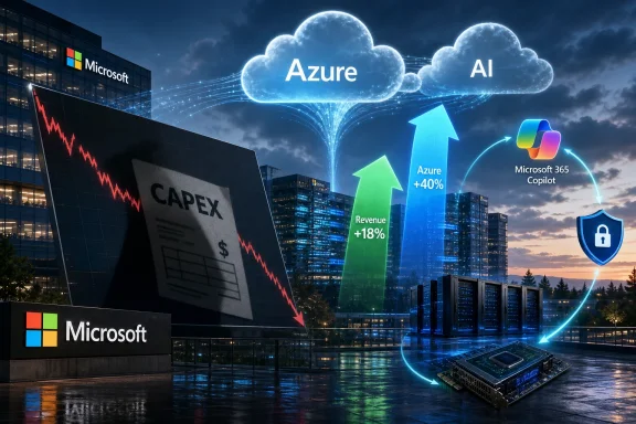 Microsoft data center scene with Azure cloud/AI icons, analytics arrows, and security shield graphics.