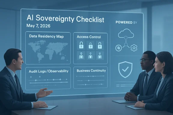 Business team presents an “AI Sovereignty Checklist” slide with security and compliance features.