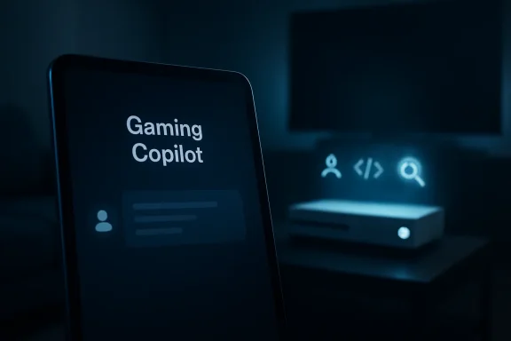A mobile display shows “Gaming Copilot” in a dim, tech-lit workspace with a computer in the background.