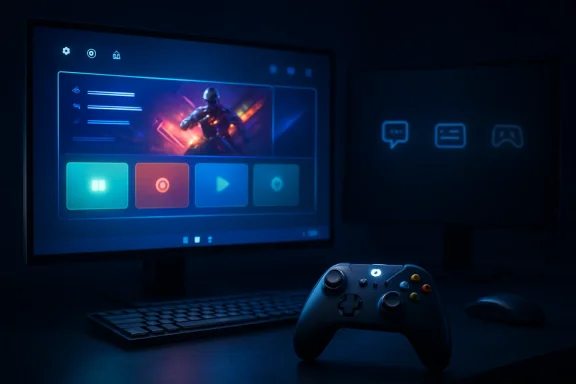 Neon-lit gaming setup with a monitor showing a sci‑fi character and a controller resting nearby.