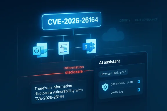 Cybersecurity dashboard highlighting vulnerability CVE-2026-26164 with AI assistant interface.