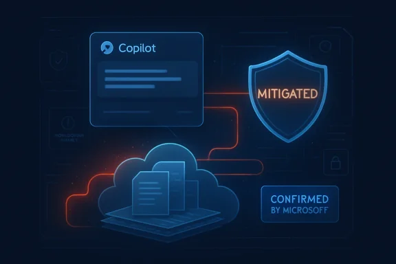 Abstract cloud security graphic showing Copilot, “mitigated” shield, and “confirmed by Microsoft.”