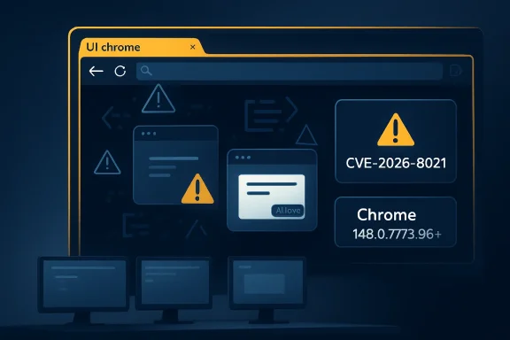 A UI alert screen shows Chrome warning for CVE-2026-8021 with caution icons and version 148.0.7773.96+.