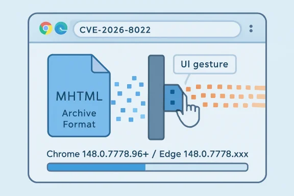 Illustration showing a browser security notice for CVE-2026-8022 with “MHTML Archive Format” and “UI gesture” details.