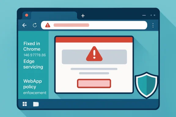 Browser window shows a warning sign with an error message and a shield icon.