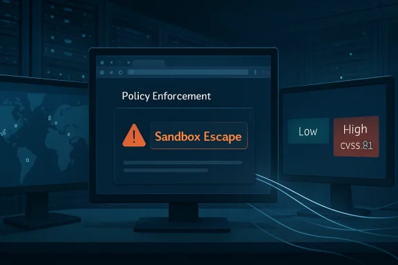Blue server backdrop with a “Policy Enforcement” warning reading “Sandbox Escape.”