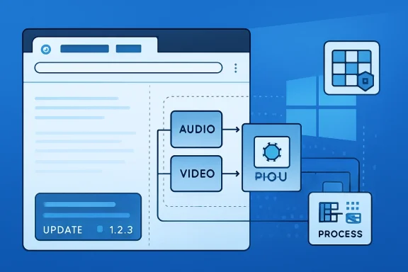 Illustration of a software update workflow with audio/video input routed to a processing stage.