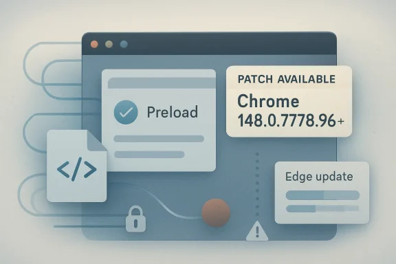 Illustration of browser update prompts: “Patch available” for Chrome and an Edge update notice.