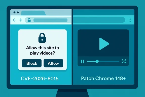 Split-screen shows browser prompts to allow video playback and Chrome patching, labeled CVE-2026-8015.