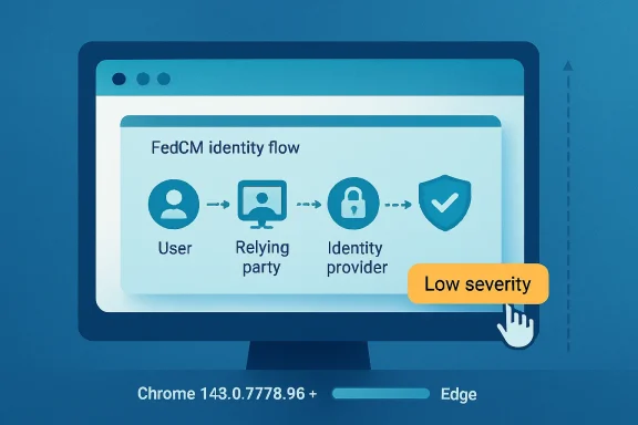 Illustration of the FedCM identity flow—user, relying party, identity provider, and low severity shield.