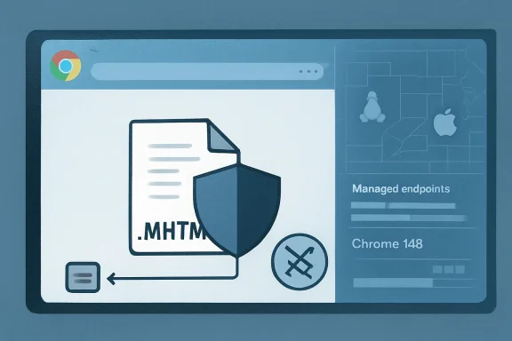 Illustration of a computer screen showing an .MHTM document protected by a shield, with “Managed endpoints” on the side.