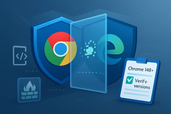Digital security graphic with Chrome logo, shield, and “Chrome 148+ Verify versions” badge.