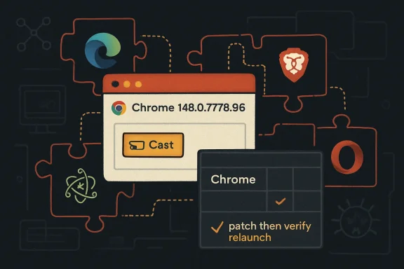 Illustration of Chrome 148.0.7778.96 using cast and displaying patch-then-verify relaunch workflow.