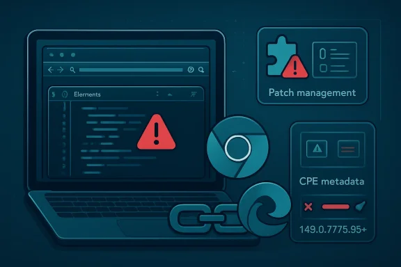 Digital network illustration showing patch management and CPE metadata warnings on a laptop screen.