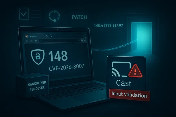 Cybersecurity dashboard shows CVE-2026-8007, cast input validation warnings and patch status on a laptop.