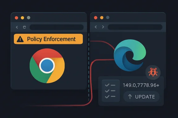 Split screen UI showing Chrome and Firefox-like icons with “Policy Enforcement” warning and an Update button.