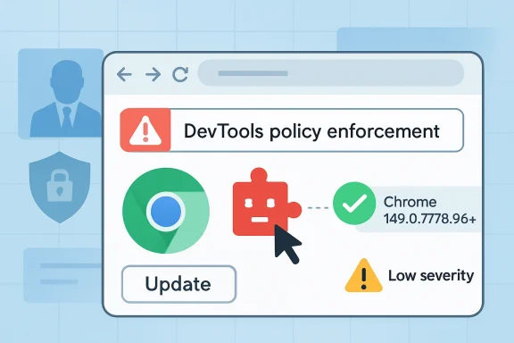 Browser warning screen showing “DevTools policy enforcement” with Chrome version 149.0.7778.96+ and low severity.