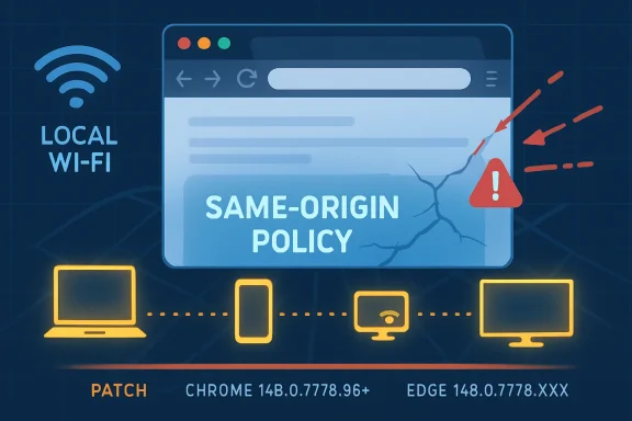 Warning graphic showing local Wi‑Fi same-origin policy and browser version compatibility icons.
