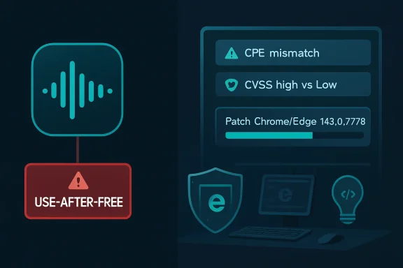 Illustration warning about browser security patching issues: “USE-AFTER-FREE”, “CPE mismatch”, and CVSS high vs low.