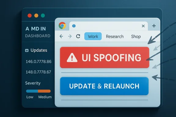 Security dashboard shows a UI spoofing warning and prompts “Update & Relaunch.”