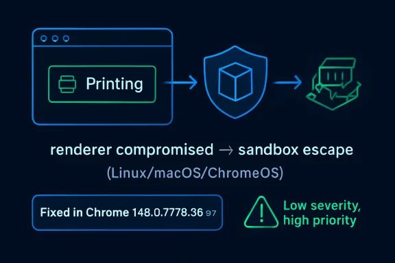 Diagram of printing leading to sandbox escape, noting low severity high priority issue on Linux/macOS/ChromeOS.