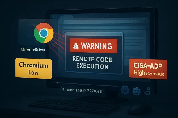 Cybersecurity warning graphic about remote code execution affecting Chrome and Chromium drivers.