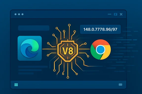 Computer browser-style UI with a “V8” chip and Chrome/Firefox icons on a blue background.