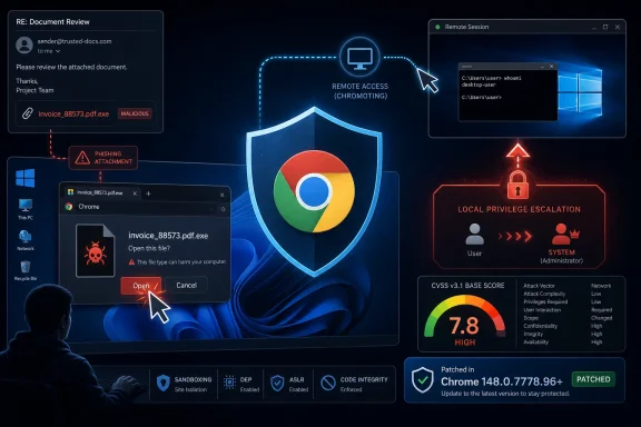 Cybersecurity themed image warning of phishing malware and remote access, with Chrome patch and privilege escalation indicators.