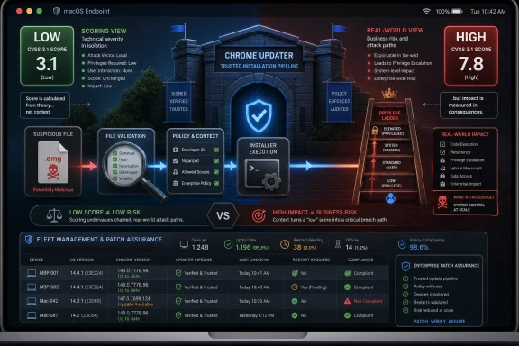 Dashboard graphic showing macOS endpoint security scoring, with “low” vs “high” risk and patch assurance metrics.