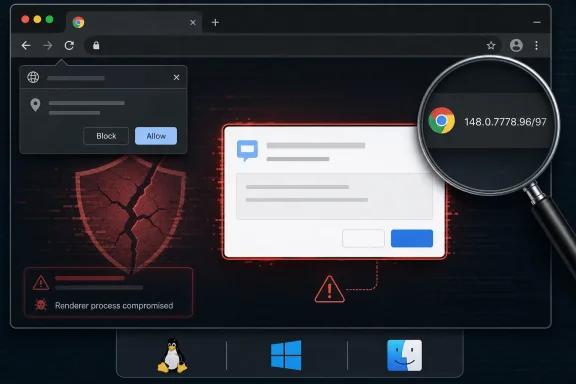 Browser security warning shows “Renderer process compromised” under a magnifying glass.