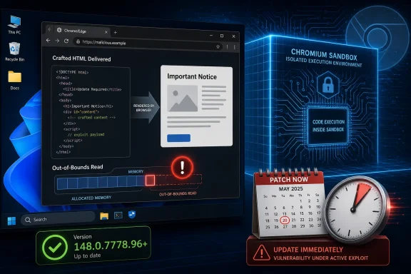 Windows desktop shows Chromium sandbox “Important Notice” about an active exploit, with patch-now warning.