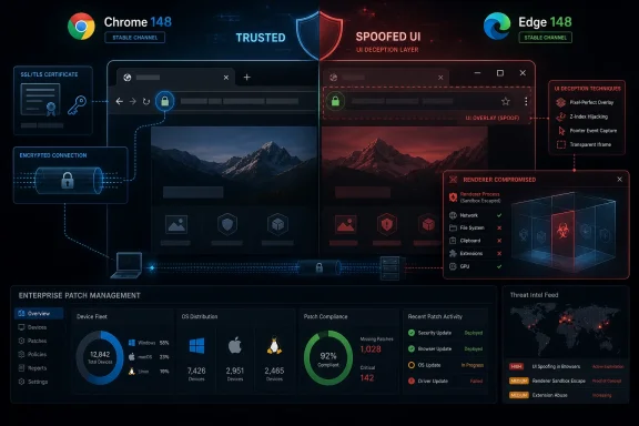 Cybersecurity dashboard showing Chrome/Edge spoofed UI and enterprise patch management metrics.