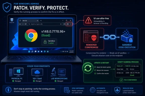 Cybersecurity ad for Windows admins showing Chrome patch verify, sandbox enabled, and fixed v148.0.7778.96+.