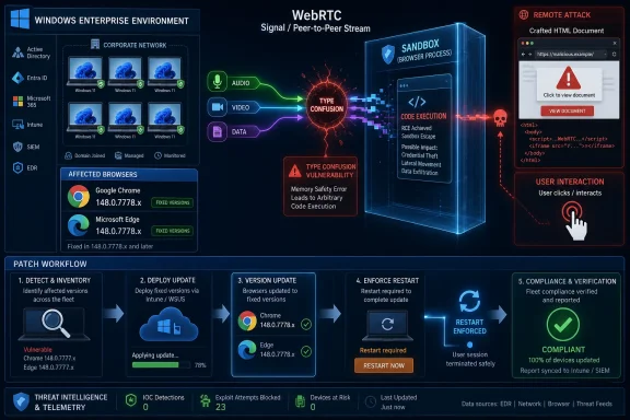 Cybersecurity dashboard showing Windows Enterprise WebRTC remote attack, sandbox escape, and browser patch workflow.
