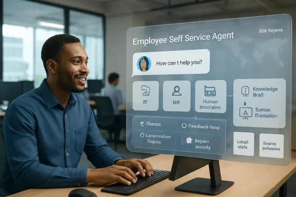 A man uses a computer with a self-service employee chat agent interface displayed on-screen.