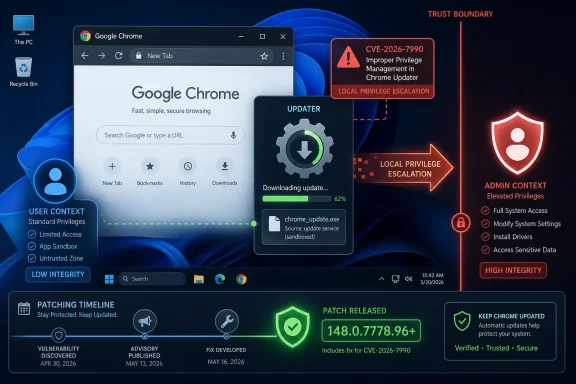 Diagram shows Chrome updater download with CVE-2026-7990 local privilege escalation warning and security patch status.