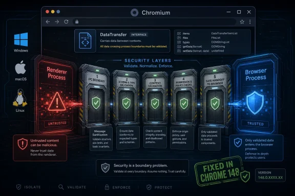 Futuristic Chrome security diagram showing renderer and browser processes with data validation layers and trusted checks.