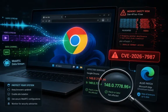 Cybersecurity warning shows browser memory risk (CVE-2026-7987) with Chrome patch guidance on a laptop screen.