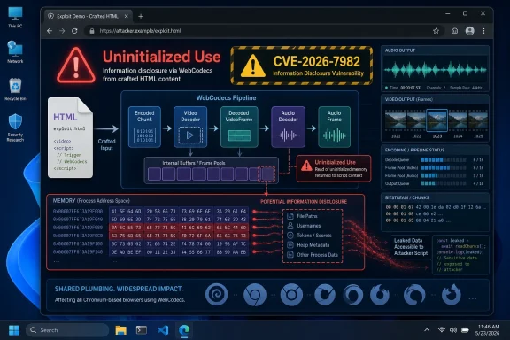 Security dashboard showing a WebCodecs exploit chain with “Uninitialized Use” and potential data leakage.