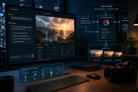 Photo editing workflow on a computer screen, showing darktable processing and export of warm JPEGs.
